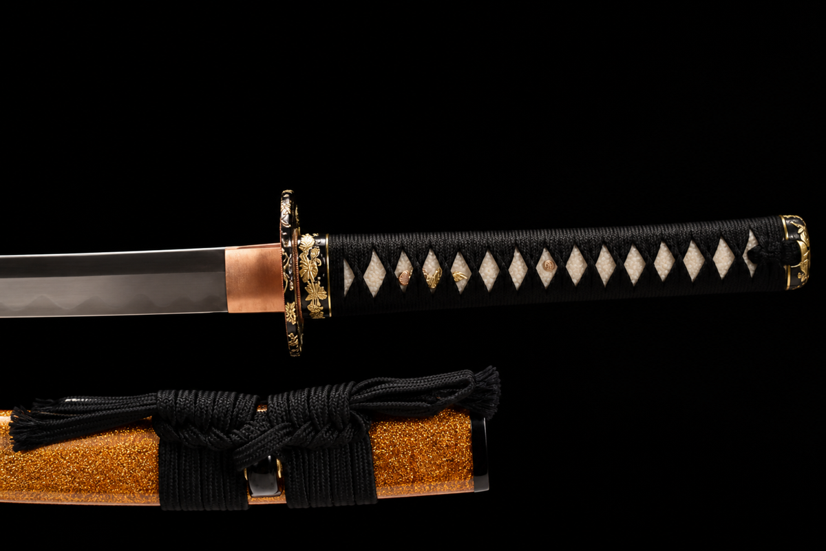 Gilded Sanmai Katana — Clay-Tempered 1050, Stingray Saya — tsuka, tsuba and menuki detail