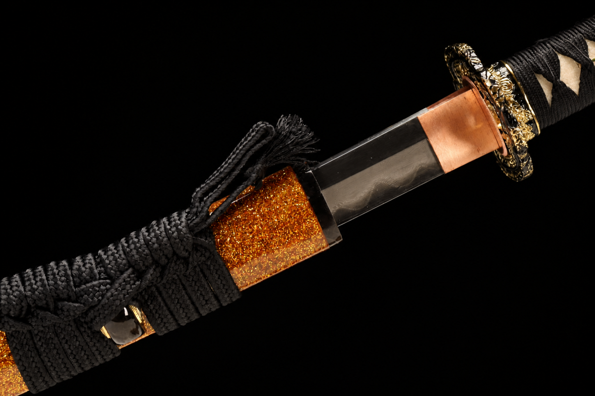 Gilded Sanmai Katana — Clay-Tempered 1050, Stingray Saya — koiguchi and sageo detail