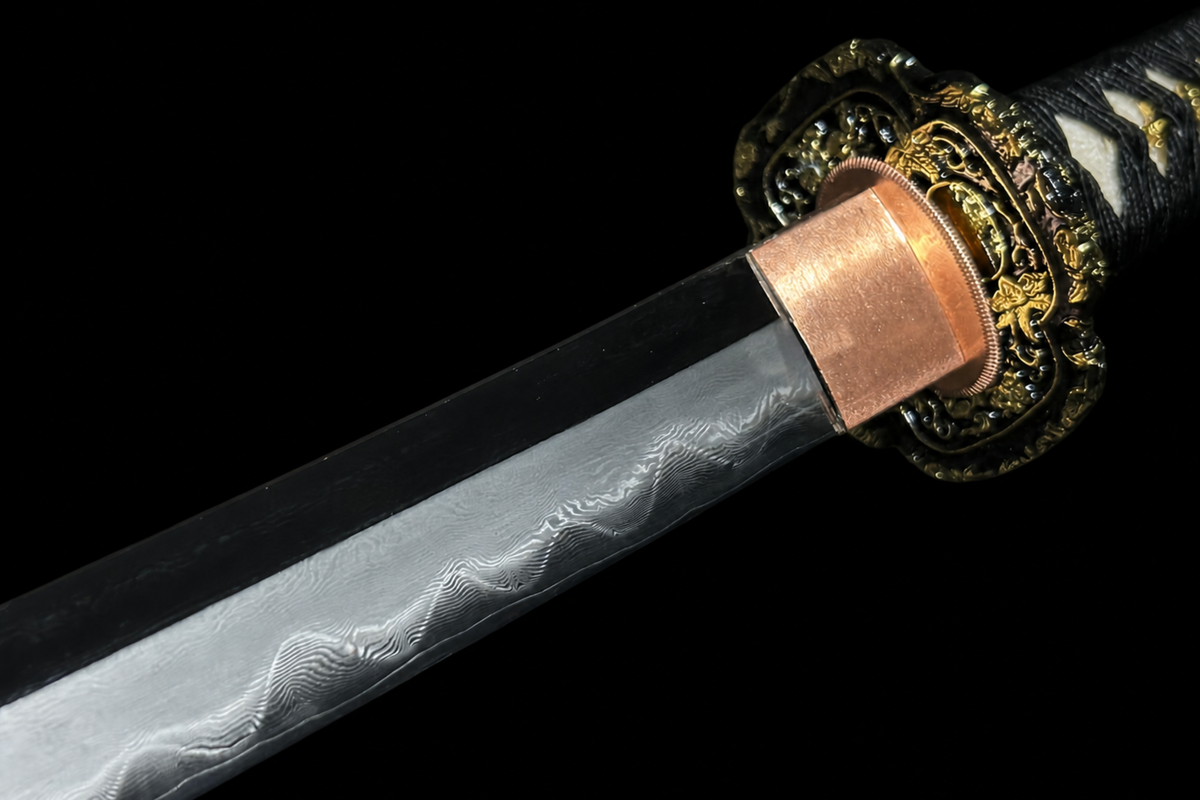 Gilded Sanmai Katana — Clay-Tempered 1050, Stingray Saya — tsuba, seppa and habaki detail