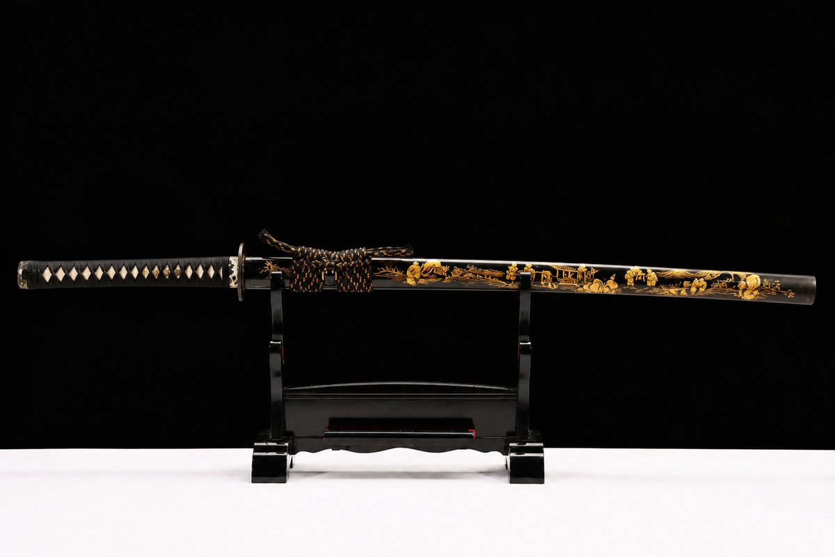 Gilded Ronin Katana — Clay-Tempered T10, Hand-Painted Saya — sheathed, full length