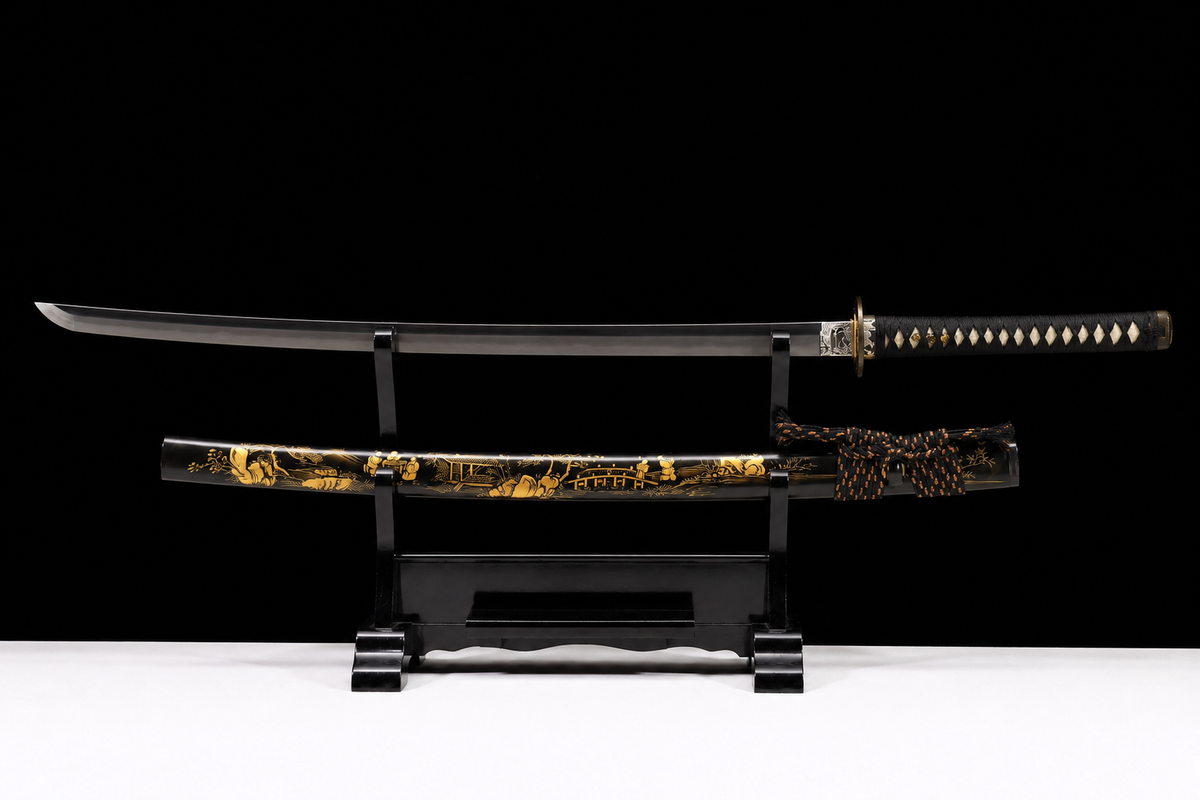 Gilded Ronin Katana — Clay-Tempered T10, Hand-Painted Saya — drawn from the saya, full length