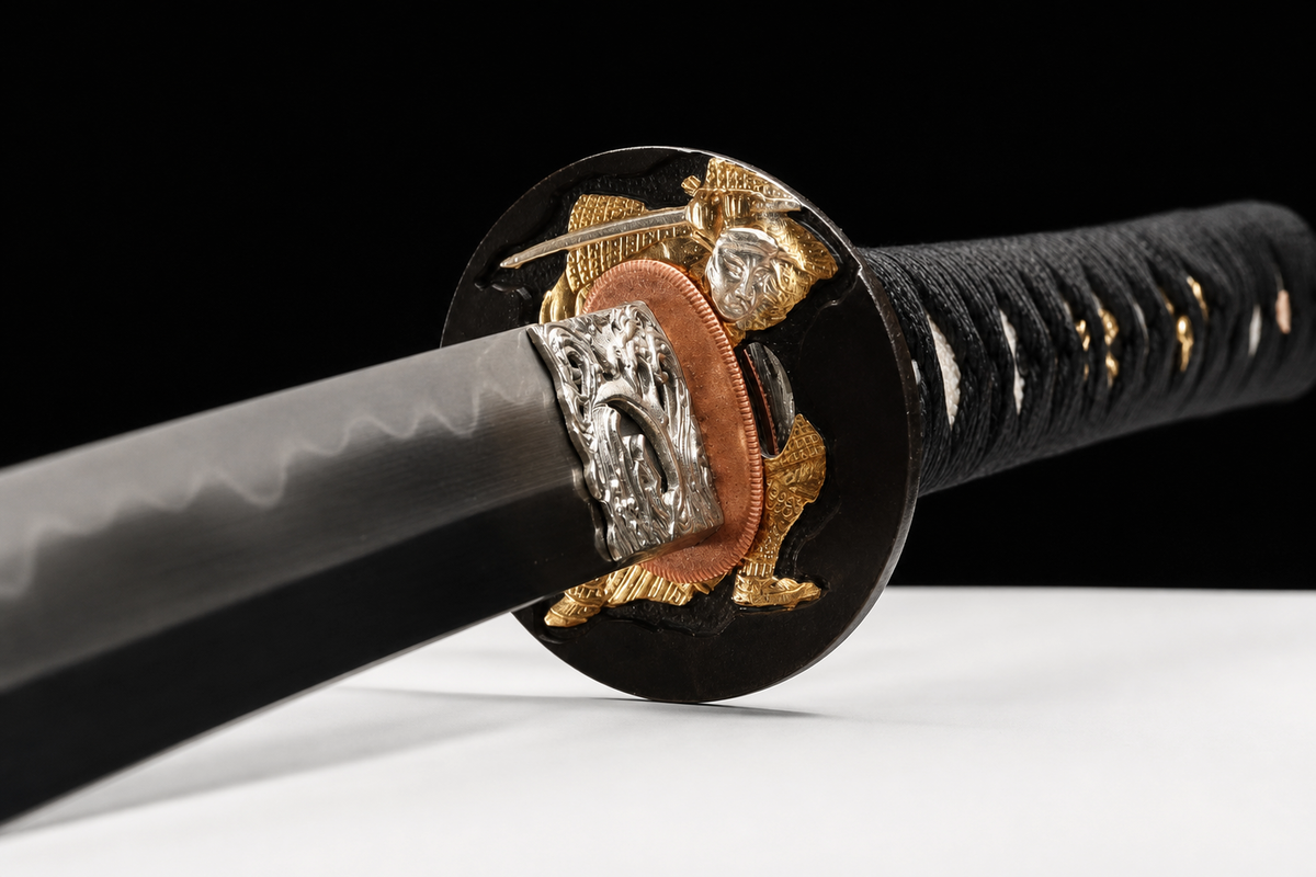 Gilded Ronin Katana — Clay-Tempered T10, Hand-Painted Saya — tsuka, tsuba and menuki detail