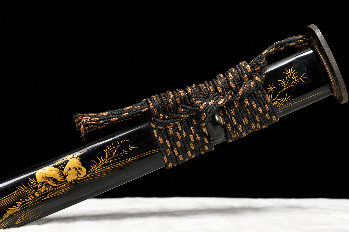 Gilded Ronin Katana — Clay-Tempered T10, Hand-Painted Saya — koiguchi and sageo detail
