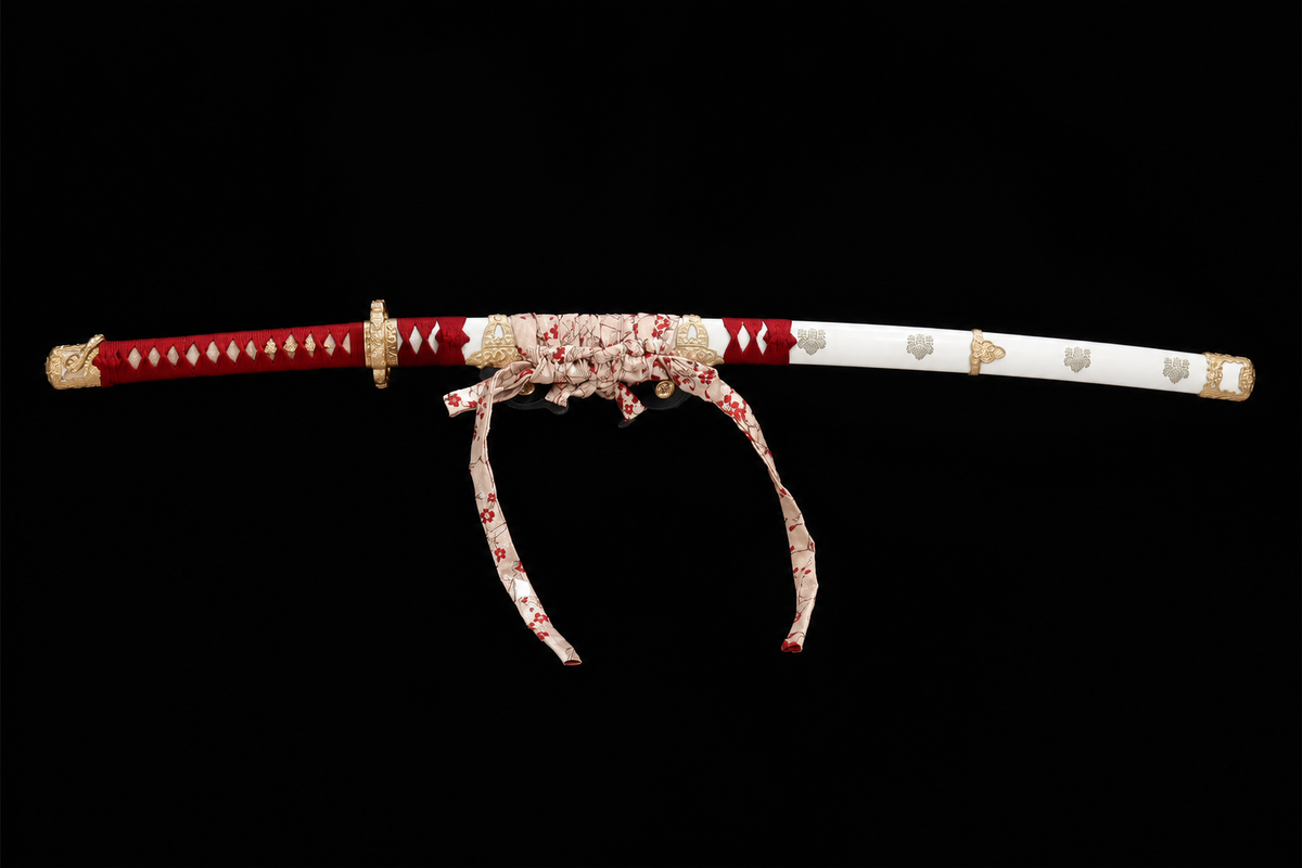 Sakura Tachi — Mirror-Polished T10, Two-Tone Copper Fittings — sheathed, full length
