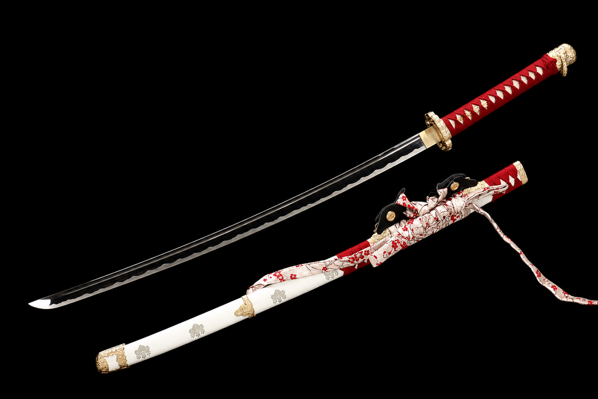 Sakura Tachi — Mirror-Polished T10, Two-Tone Copper Fittings — drawn from the saya, full length