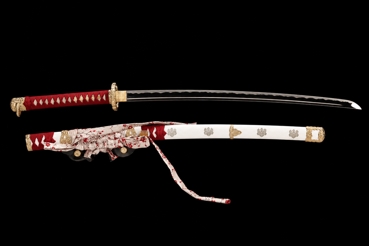 Sakura Tachi — Mirror-Polished T10, Two-Tone Copper Fittings — drawn from the saya, full length