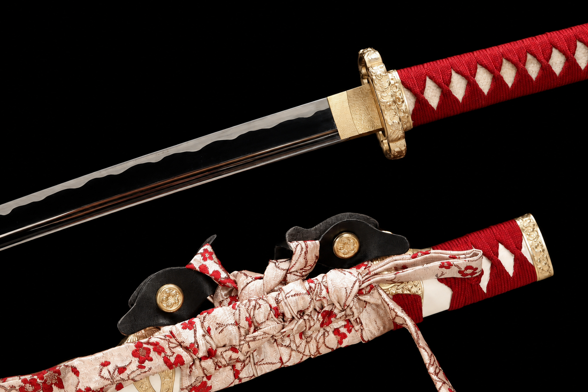Sakura Tachi — Mirror-Polished T10, Two-Tone Copper Fittings — tsuba, seppa and habaki detail