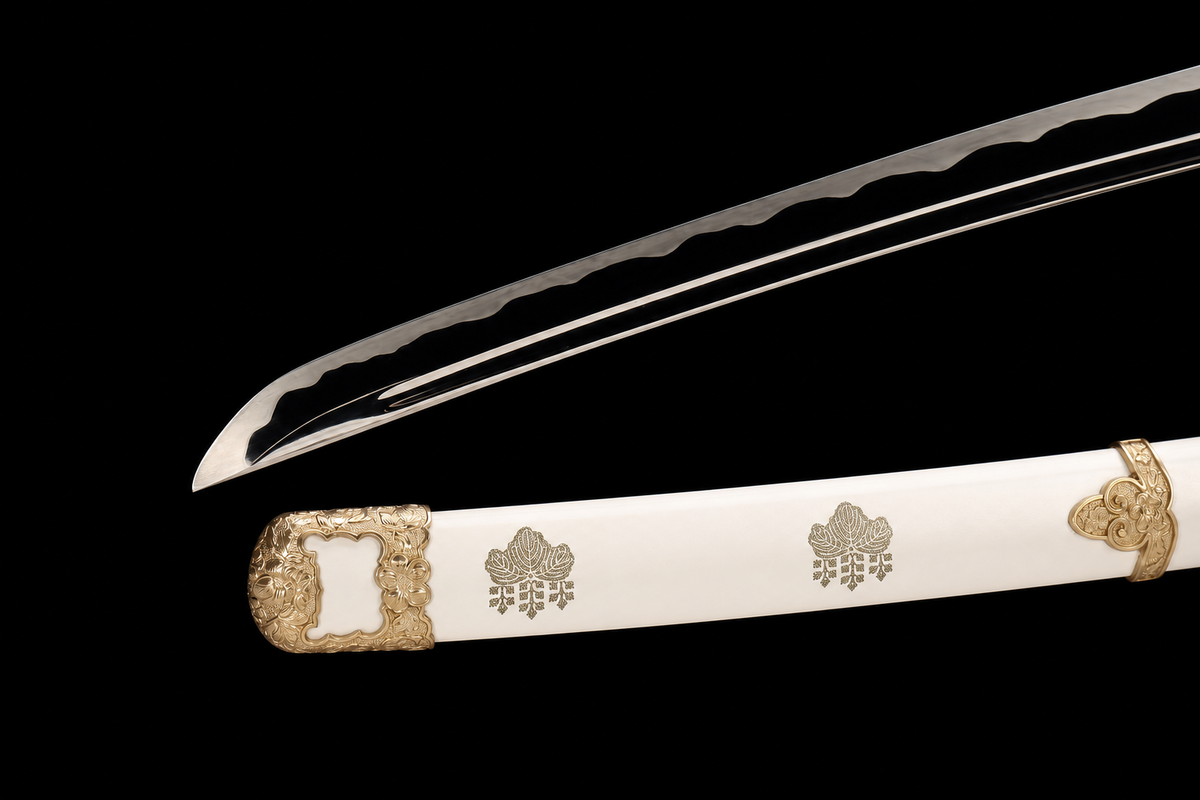 Sakura Tachi — Mirror-Polished T10, Two-Tone Copper Fittings — kissaki and saya tip copper fittings