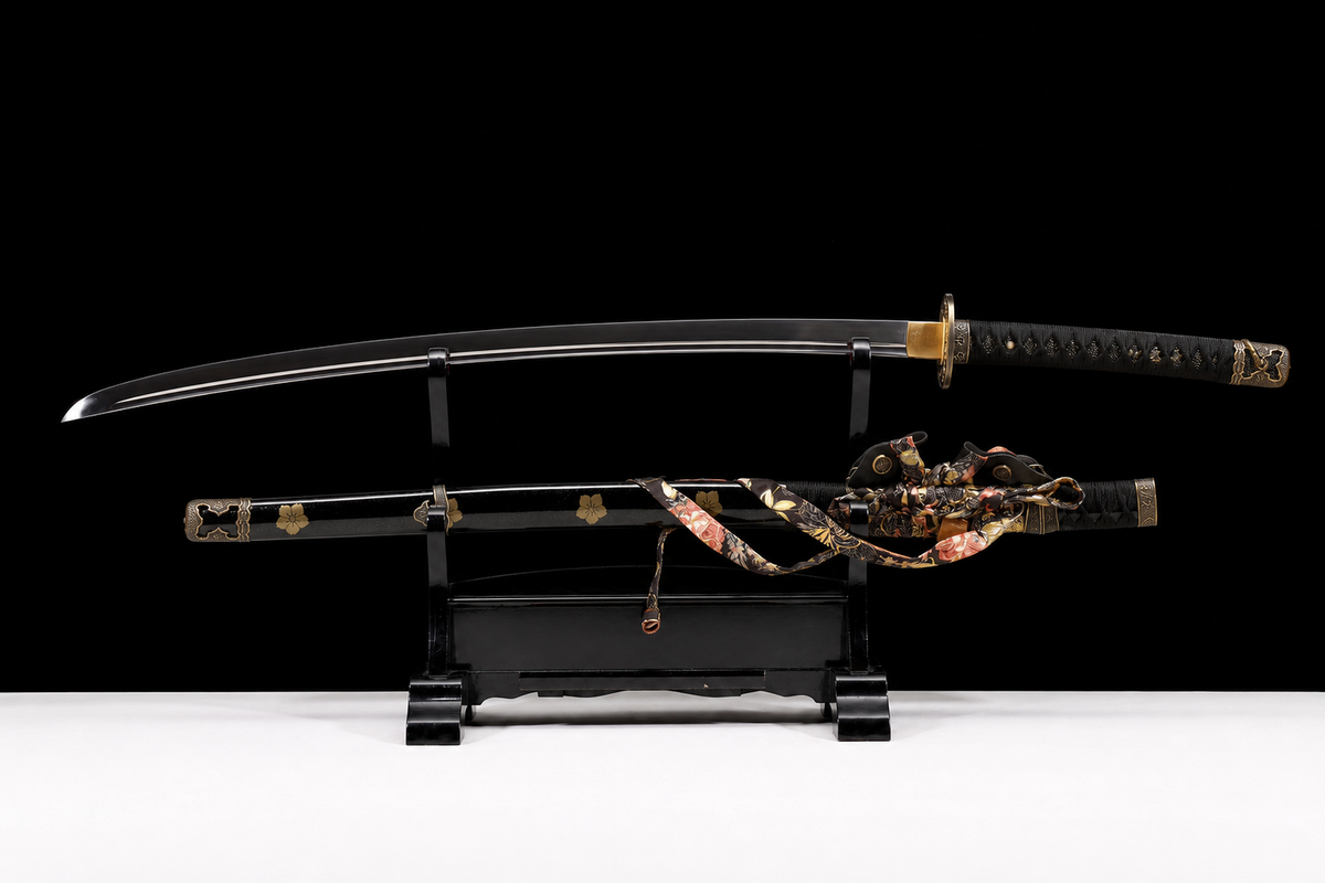 Deep-Curve Tachi — Mirror-Polished, Zinc-Alloy Fittings — drawn from the saya, full length