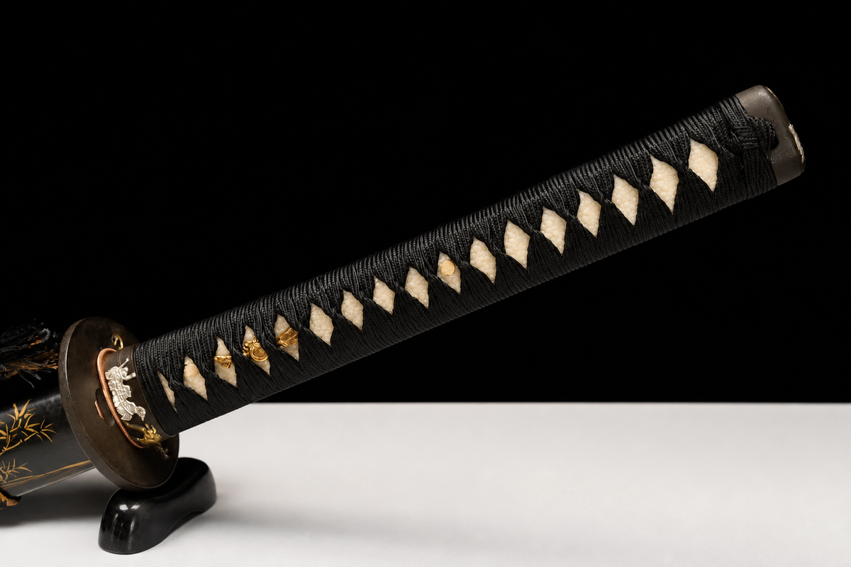 Deep-Curve Tachi — Mirror-Polished, Zinc-Alloy Fittings — tsuka, tsuba and menuki detail