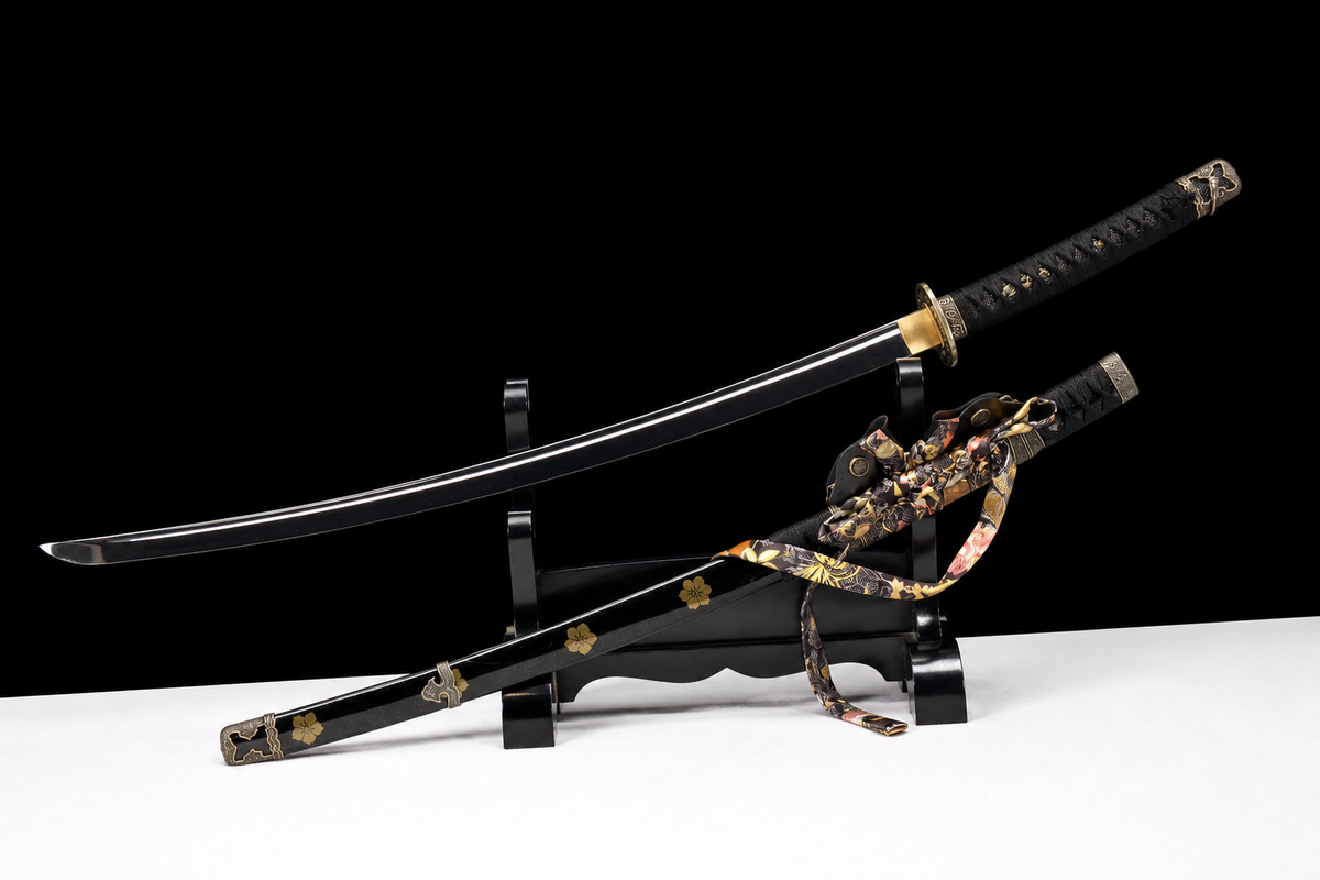 Deep-Curve Tachi — Mirror-Polished, Zinc-Alloy Fittings — drawn from the saya, full length