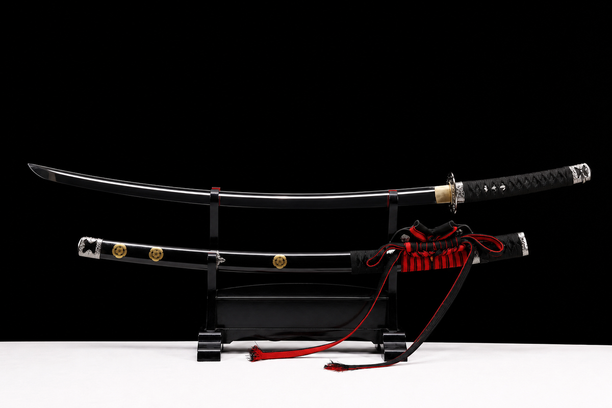 Aoi-Crest Deep-Curve Tachi — Mirror-Polished 5160 — drawn from the saya, full length