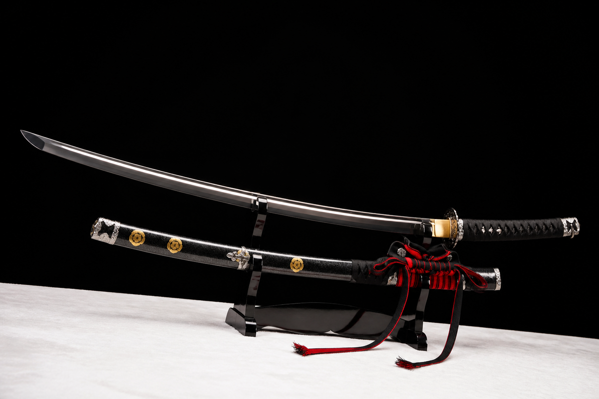 Aoi-Crest Deep-Curve Tachi — Mirror-Polished 5160 — drawn from the saya, full length