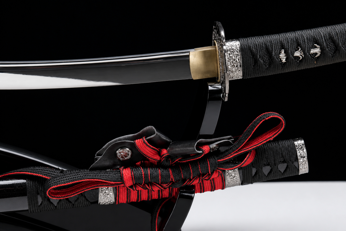 Aoi-Crest Deep-Curve Tachi — Mirror-Polished 5160 — tsuba, seppa and habaki detail
