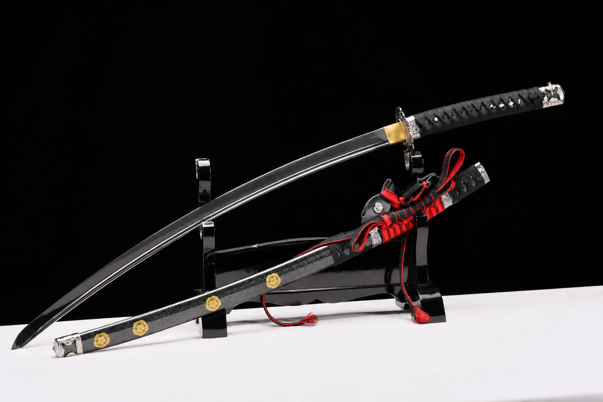 Aoi-Crest Deep-Curve Tachi — Mirror-Polished 5160 — drawn from the saya, full length