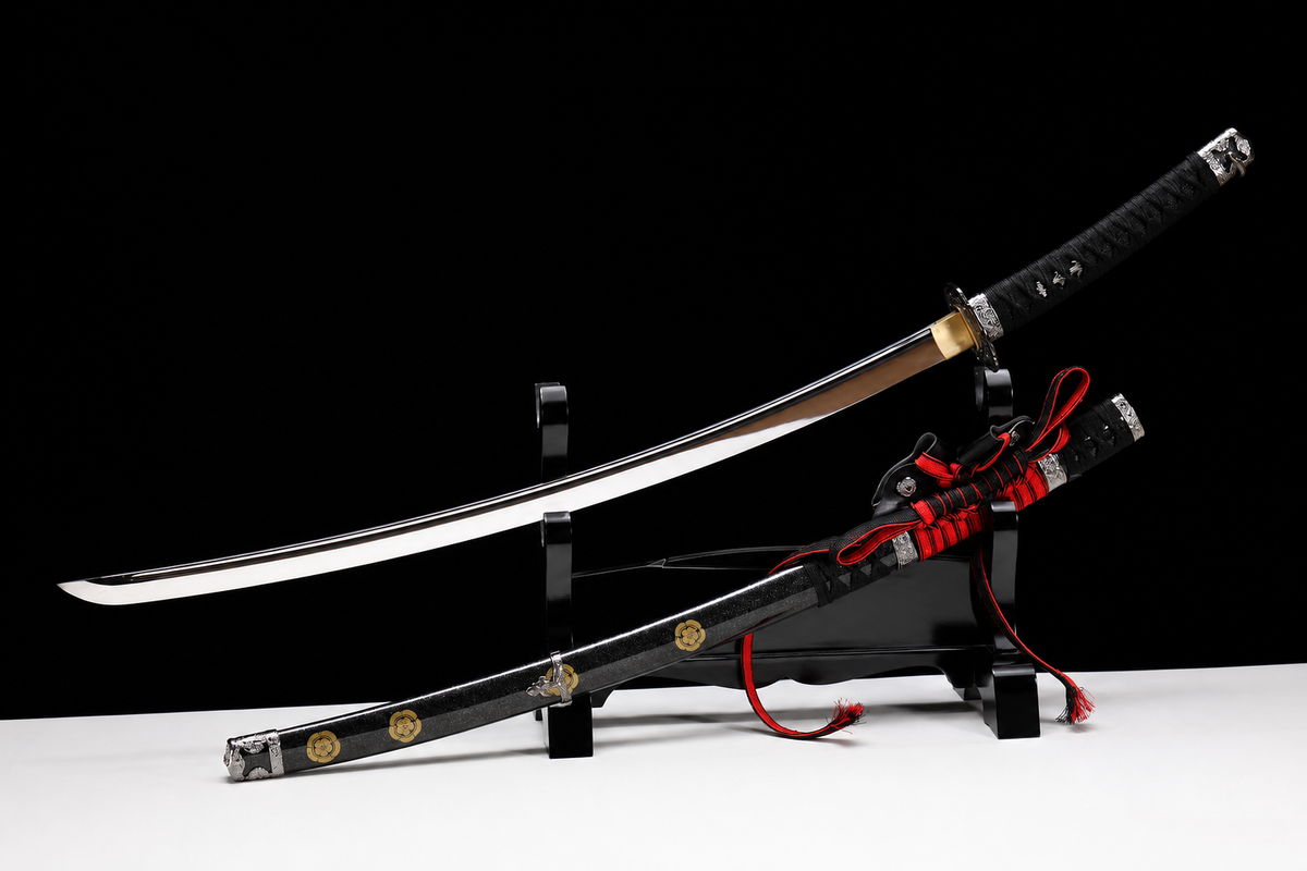 Aoi-Crest Deep-Curve Tachi — Mirror-Polished 5160 — drawn from the saya, full length