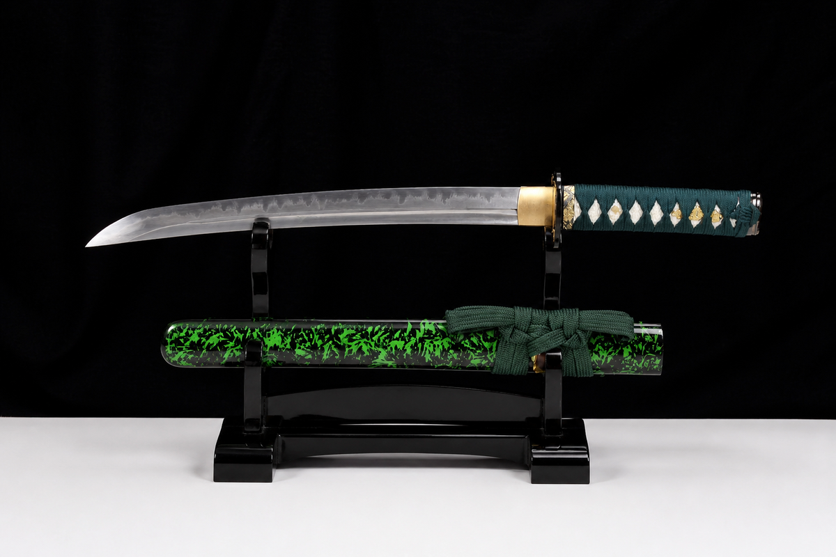 U-no-Kubi Wakizashi — Clay-Tempered T10, Copper Habaki — drawn from the saya, full length