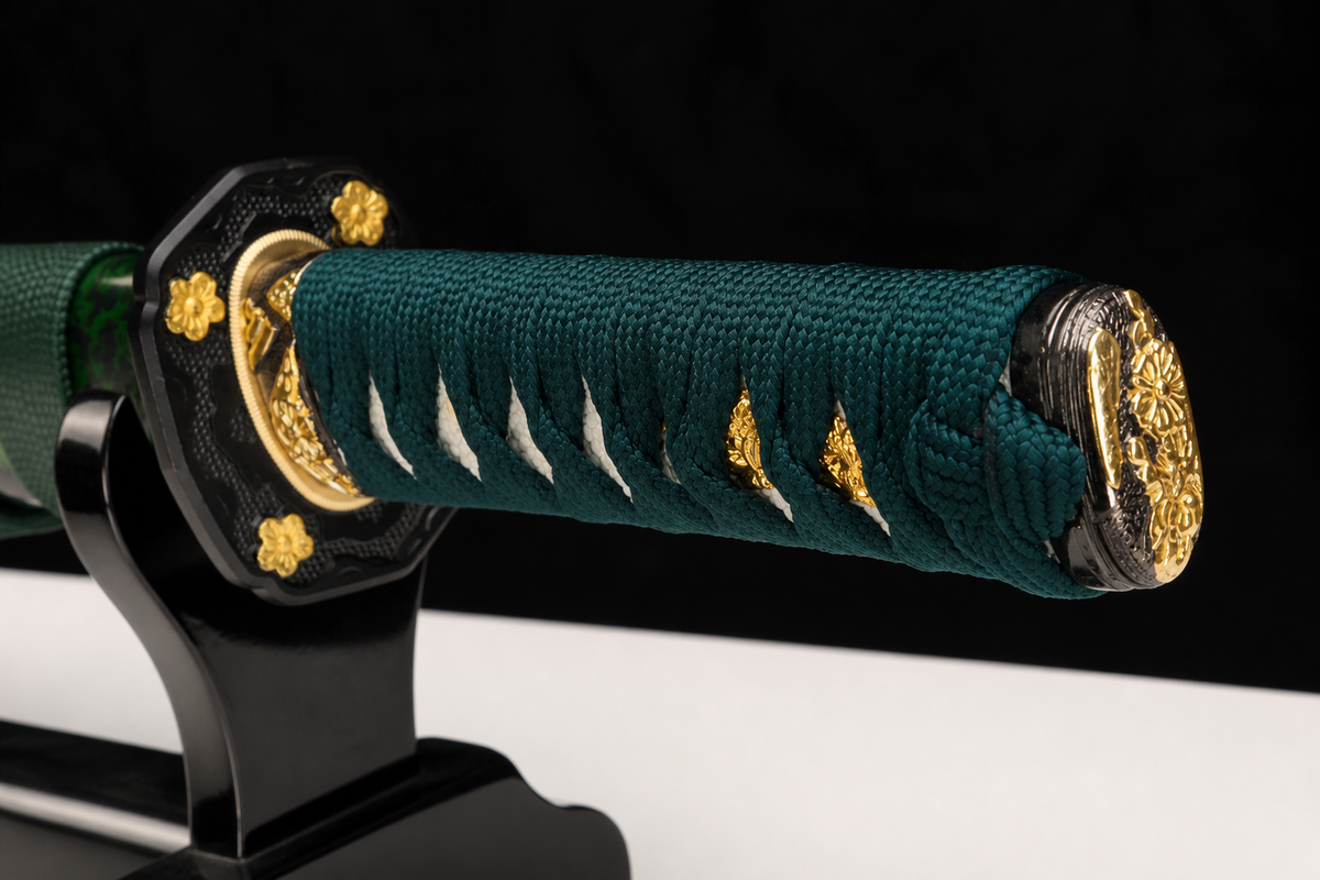 U-no-Kubi Wakizashi — Clay-Tempered T10, Copper Habaki — tsuka, tsuba and menuki detail