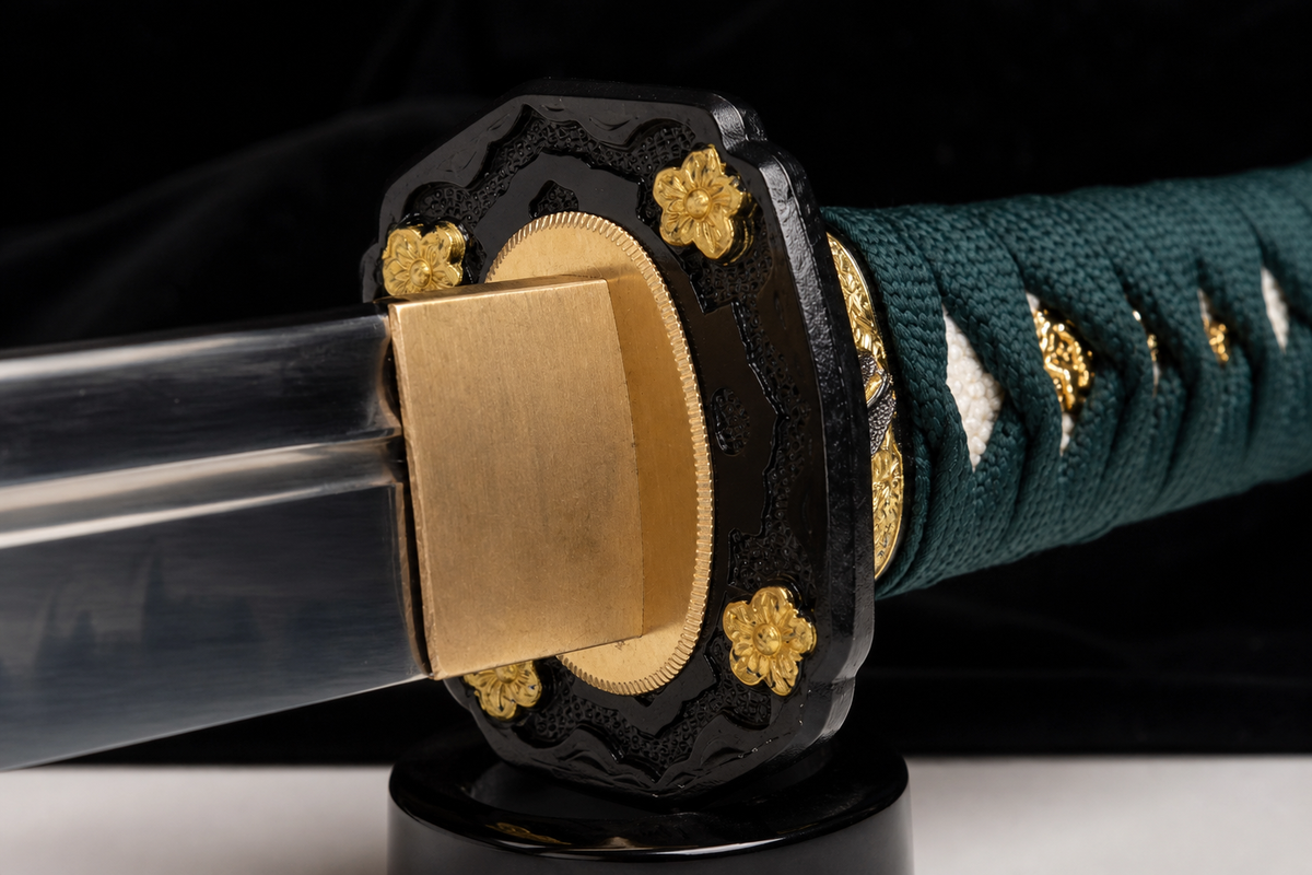 U-no-Kubi Wakizashi — Clay-Tempered T10, Copper Habaki — tsuba, seppa and habaki detail