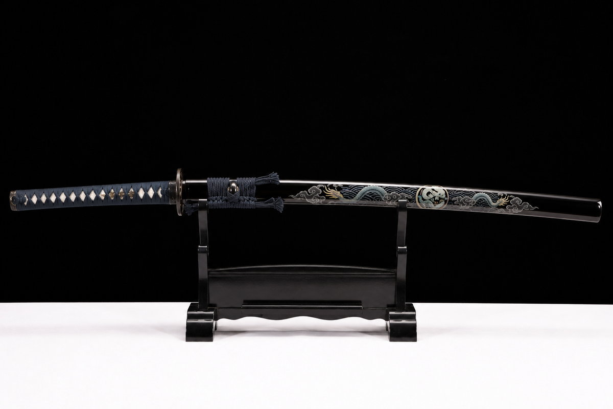 Cloud Dragon Katana — 65Mn Manganese Steel, Lacquered Saya — sheathed, full length