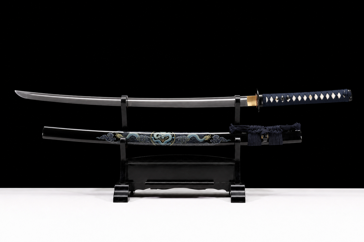 Cloud Dragon Katana — 65Mn Manganese Steel, Lacquered Saya — drawn from the saya, full length