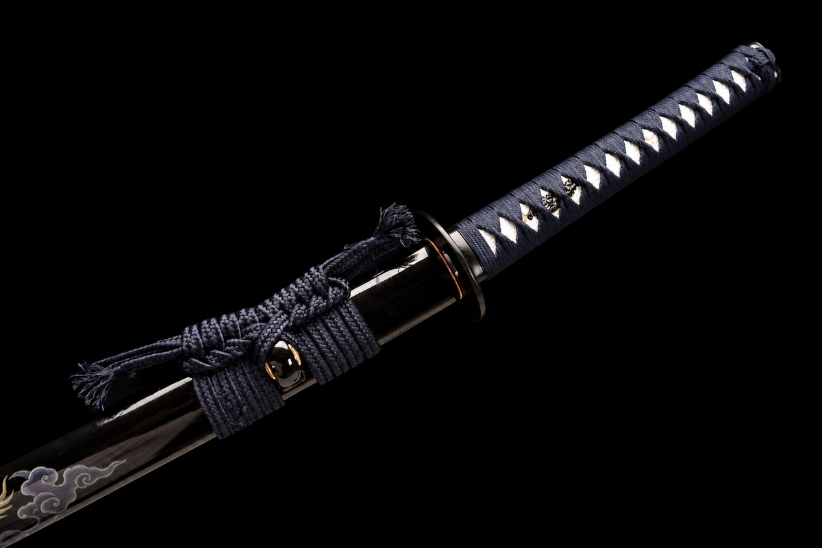 Cloud Dragon Katana — 65Mn Manganese Steel, Lacquered Saya — tsuka, tsuba and menuki detail