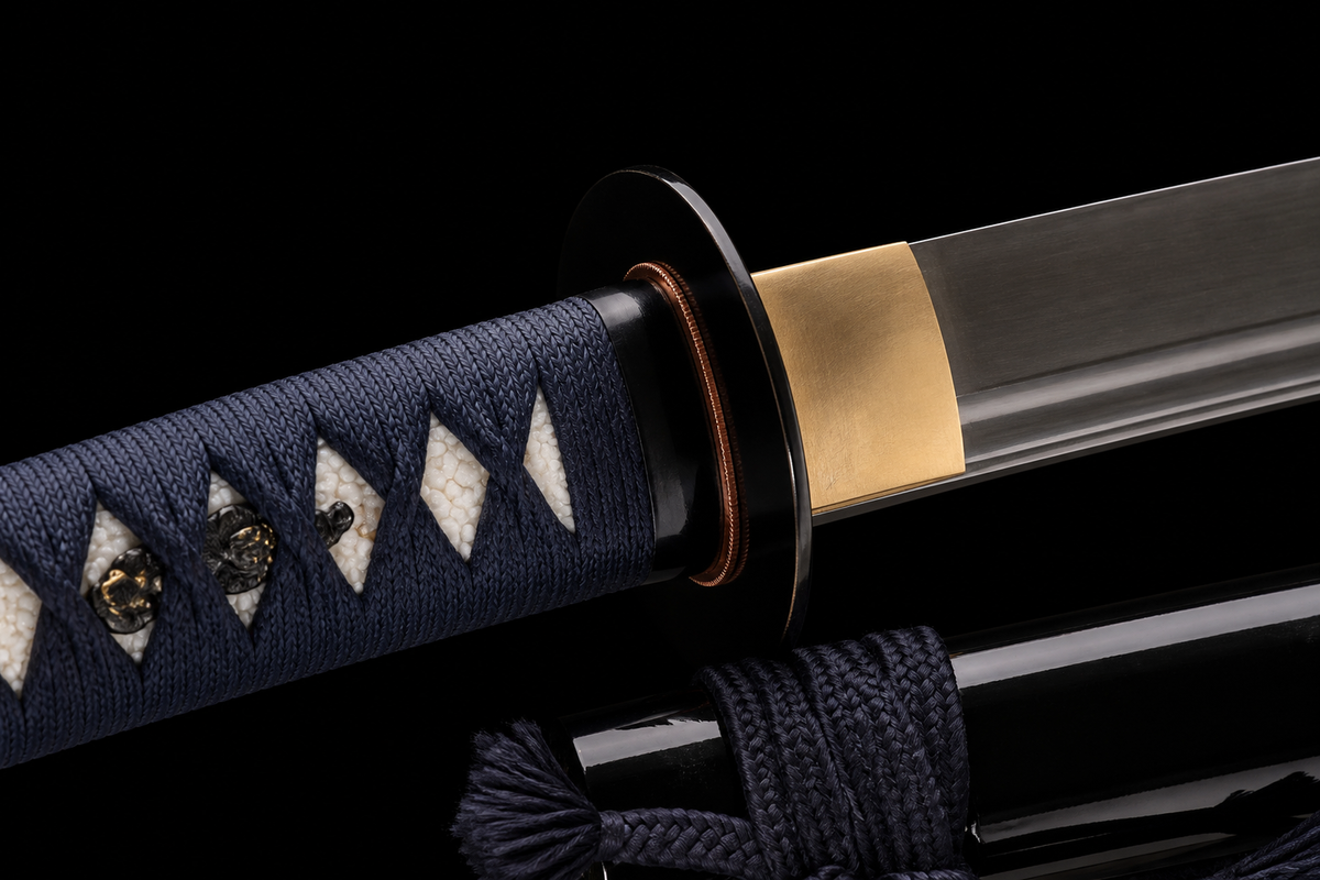 Cloud Dragon Katana — 65Mn Manganese Steel, Lacquered Saya — tsuba, seppa and habaki detail