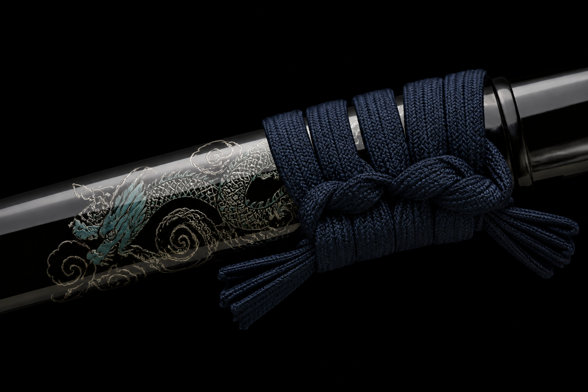 Cloud Dragon Katana — 65Mn Manganese Steel, Lacquered Saya — koiguchi and sageo detail
