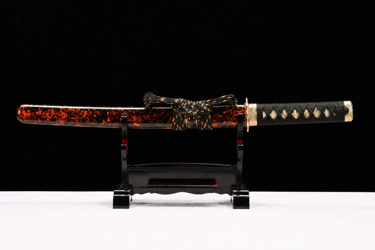 Fire-Kanji Wakizashi — Clay-Tempered T10, Copper Fittings — sheathed, full length