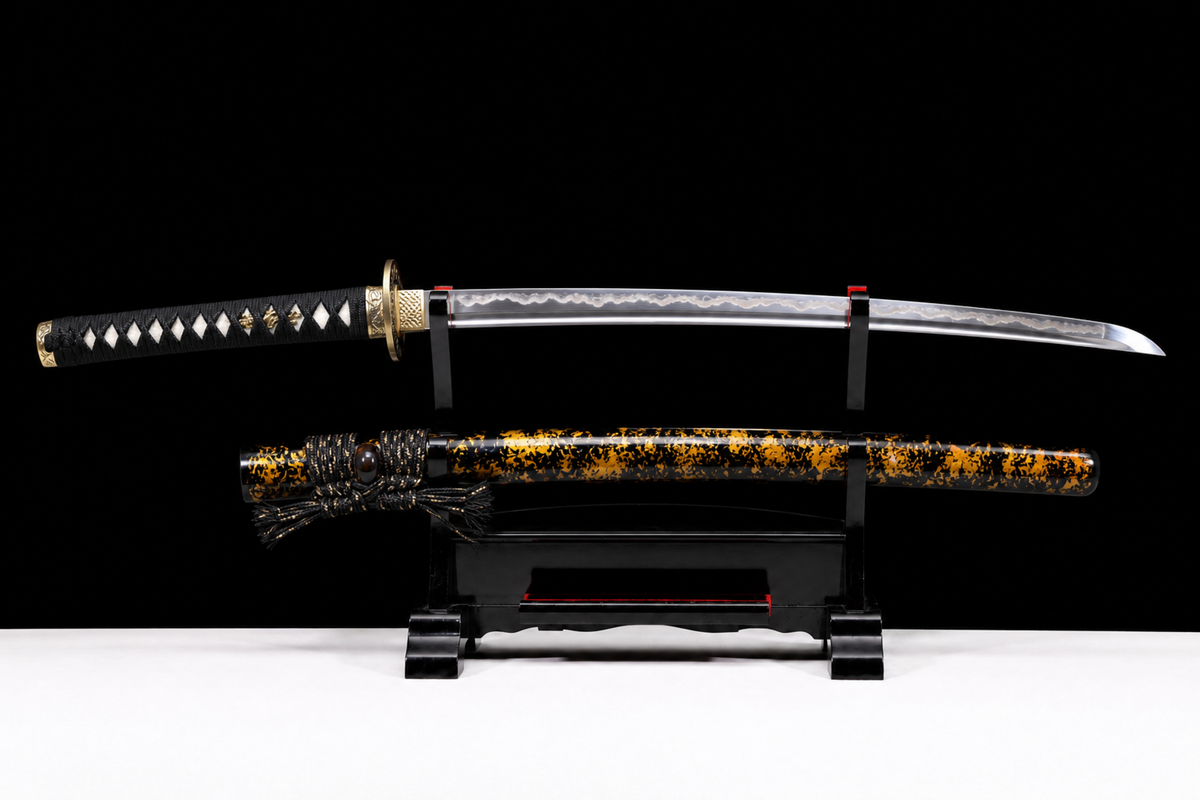 Fire-Kanji Wakizashi — Clay-Tempered T10, Copper Fittings — drawn from the saya, full length