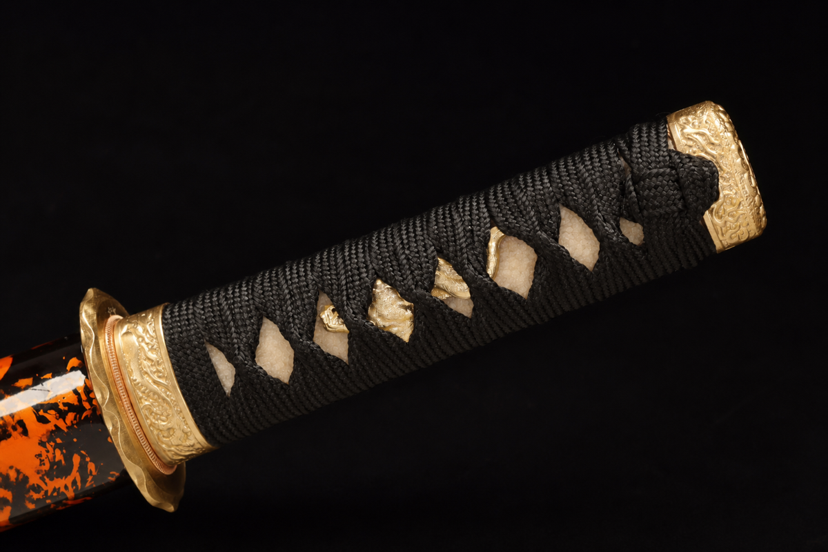Fire-Kanji Wakizashi — Clay-Tempered T10, Copper Fittings — tsuka, tsuba and menuki detail