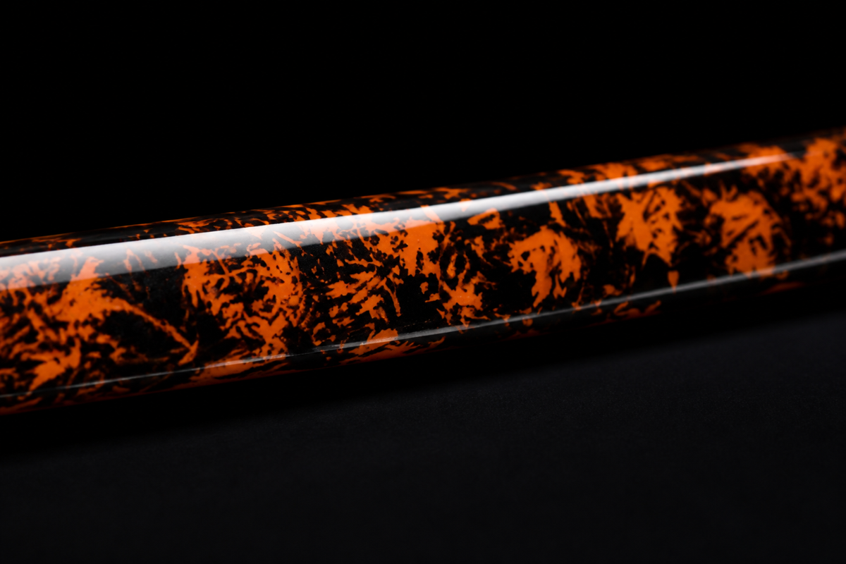 Fire-Kanji Wakizashi — Clay-Tempered T10, Copper Fittings — saya finish detail
