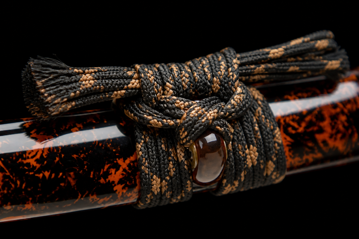 Fire-Kanji Wakizashi — Clay-Tempered T10, Copper Fittings — koiguchi and sageo detail