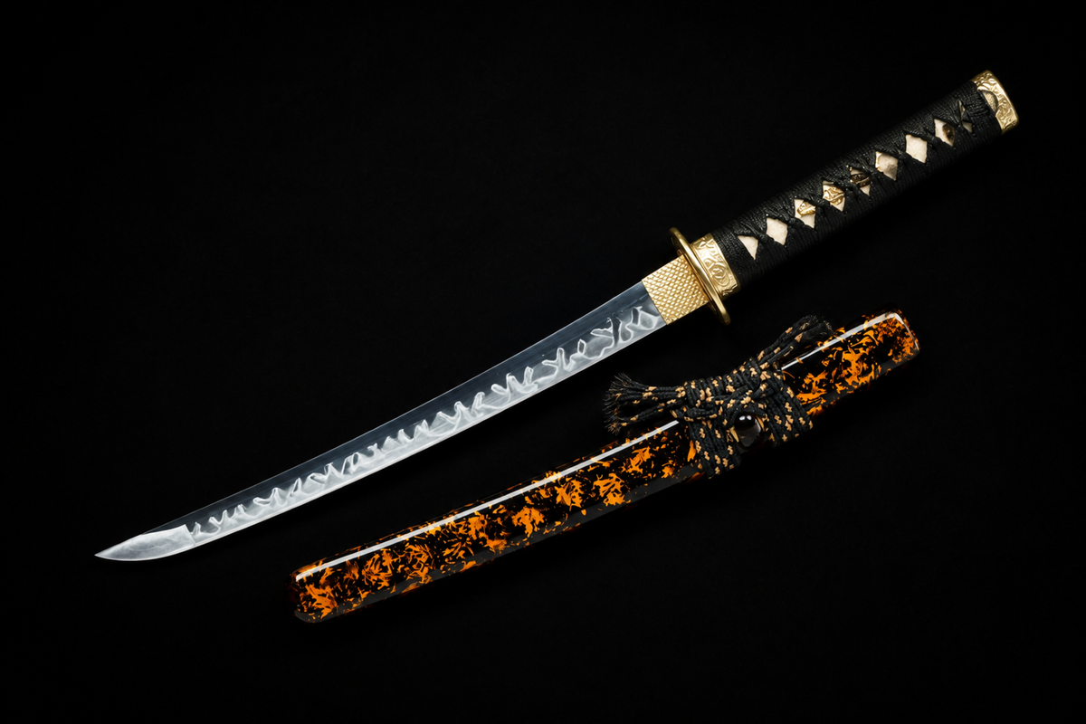 Fire-Kanji Wakizashi — Clay-Tempered T10, Copper Fittings — drawn from the saya, full length