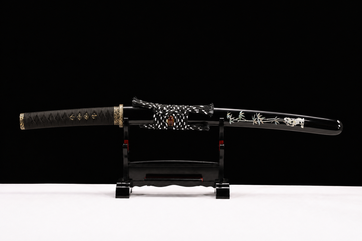 Gold Chrysanthemum Wakizashi — Copper Fittings — sheathed, full length