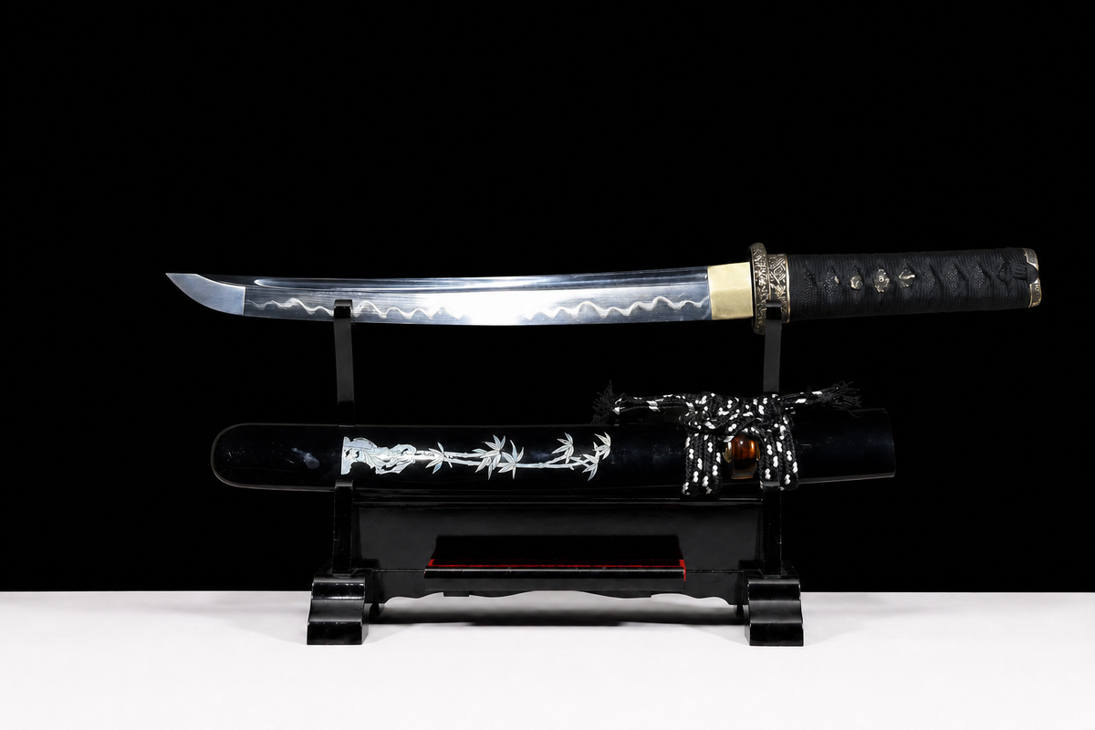 Gold Chrysanthemum Wakizashi — Copper Fittings — drawn from the saya, full length