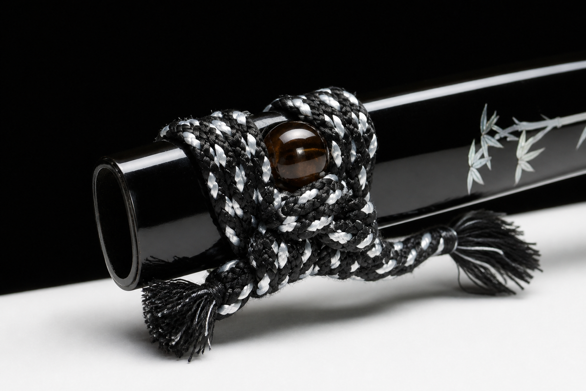 Gold Chrysanthemum Wakizashi — Copper Fittings — saya finish and sageo detail