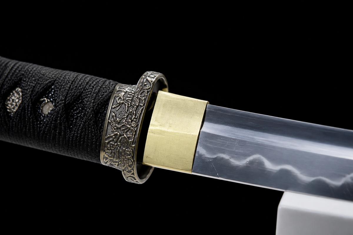 Gold Chrysanthemum Wakizashi — Copper Fittings — tsuba detail
