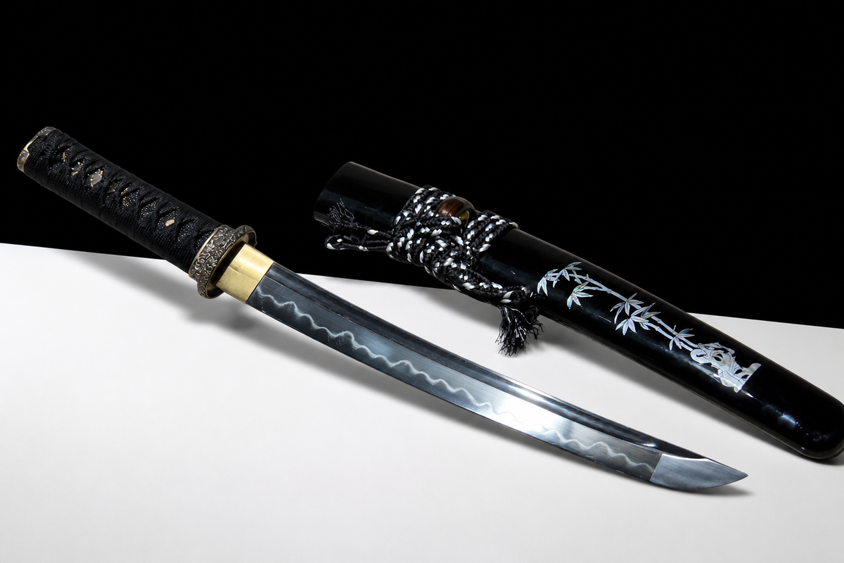 Gold Chrysanthemum Wakizashi — Copper Fittings — drawn from the saya, full length