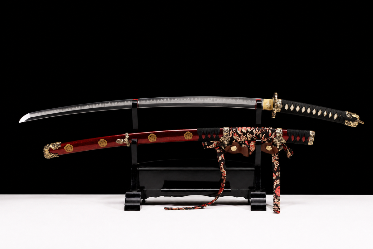Suanni Deep-Curve Tachi — Copper Fittings, True Yokote — drawn from the saya, full length