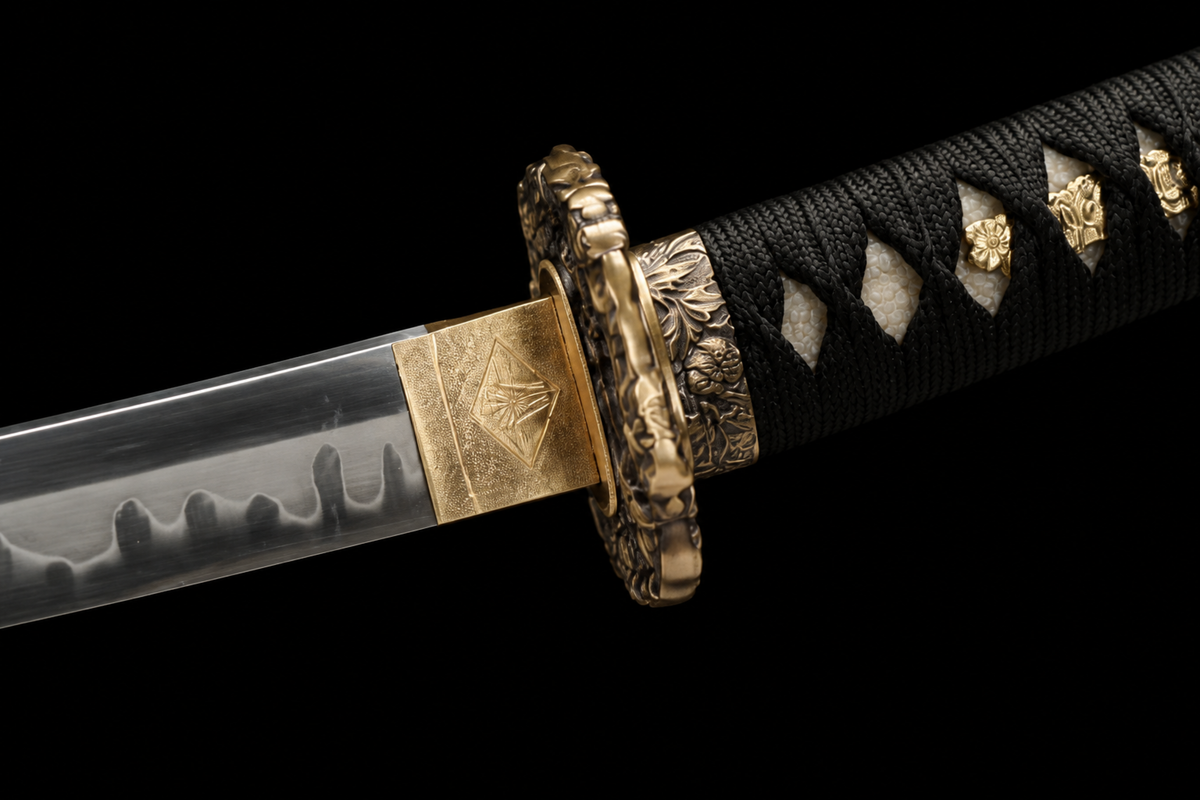Suanni Deep-Curve Tachi — Copper Fittings, True Yokote — tsuka, tsuba and menuki detail