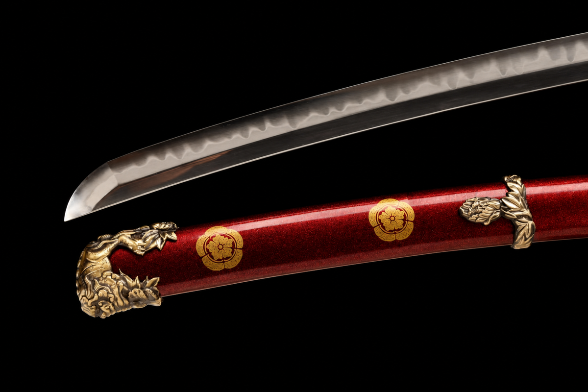 Suanni Deep-Curve Tachi — Copper Fittings, True Yokote — kissaki and saya tip detail