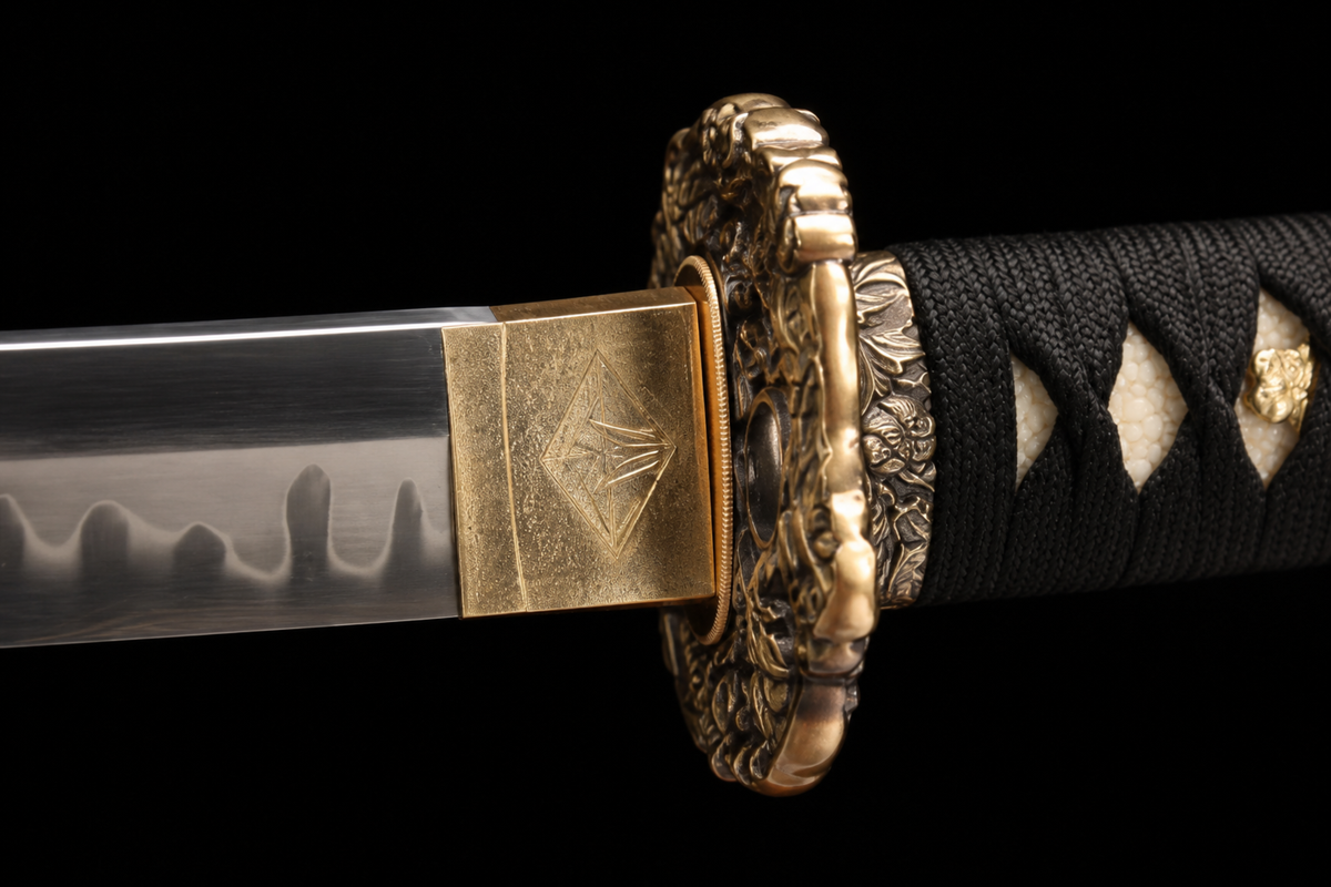 Suanni Deep-Curve Tachi — Copper Fittings, True Yokote — tsuba detail