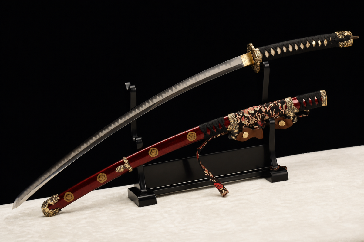 Suanni Deep-Curve Tachi — Copper Fittings, True Yokote — drawn from the saya, full length
