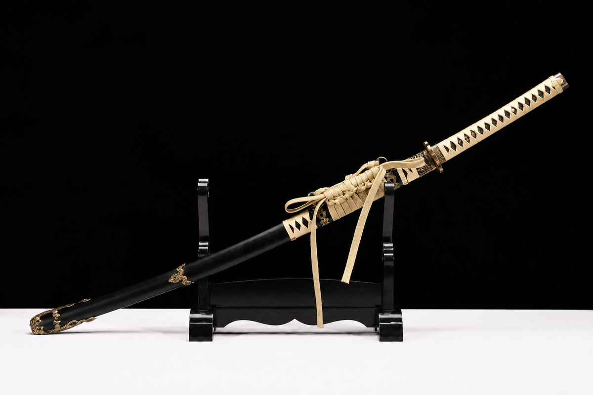 Water Dragon Tachi — 1060 Carbon Steel, Blackened Iron Saya — sheathed, full length