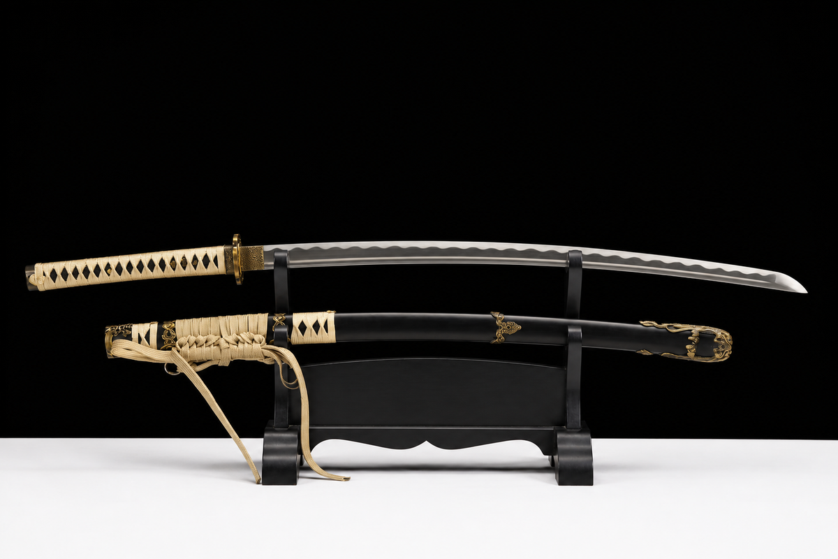 Water Dragon Tachi — 1060 Carbon Steel, Blackened Iron Saya — drawn from the saya, full length