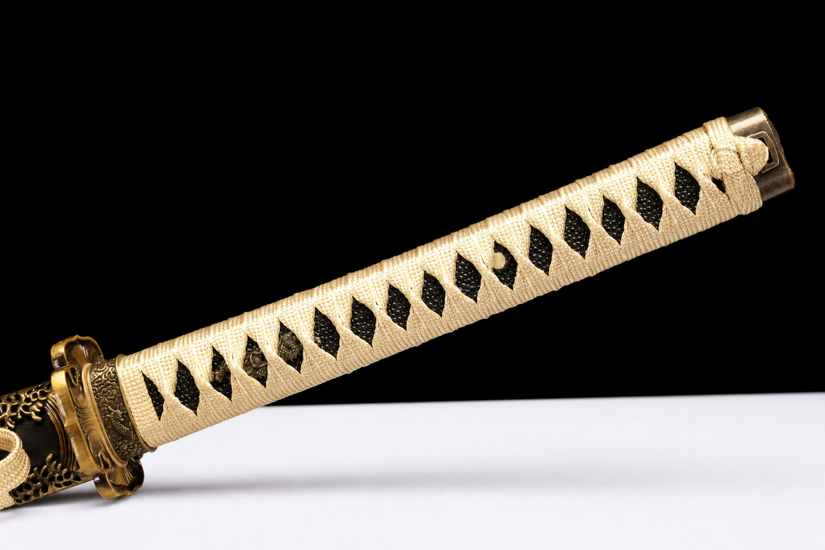 Water Dragon Tachi — 1060 Carbon Steel, Blackened Iron Saya — tsuka, tsuba and menuki detail