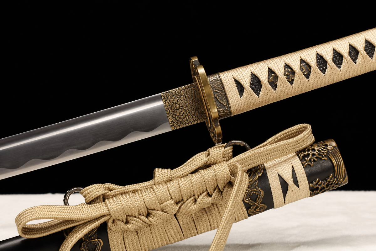 Water Dragon Tachi — 1060 Carbon Steel, Blackened Iron Saya — koiguchi and sageo detail