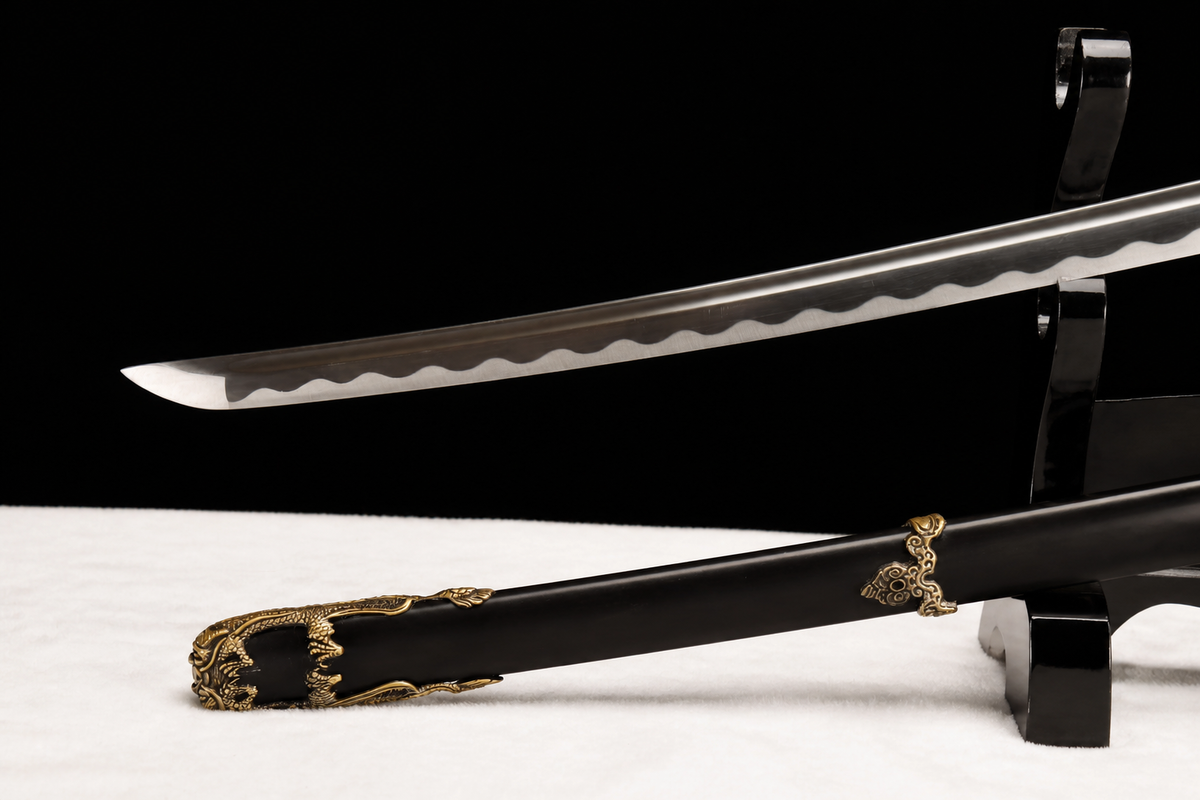 Water Dragon Tachi — 1060 Carbon Steel, Blackened Iron Saya — kissaki and polish detail