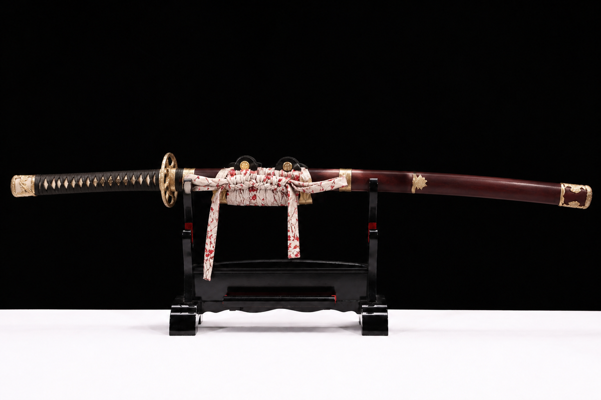 Twisted-Grain Chrysanthemum Tachi — Folded T8, Rosewood Saya — sheathed, full length